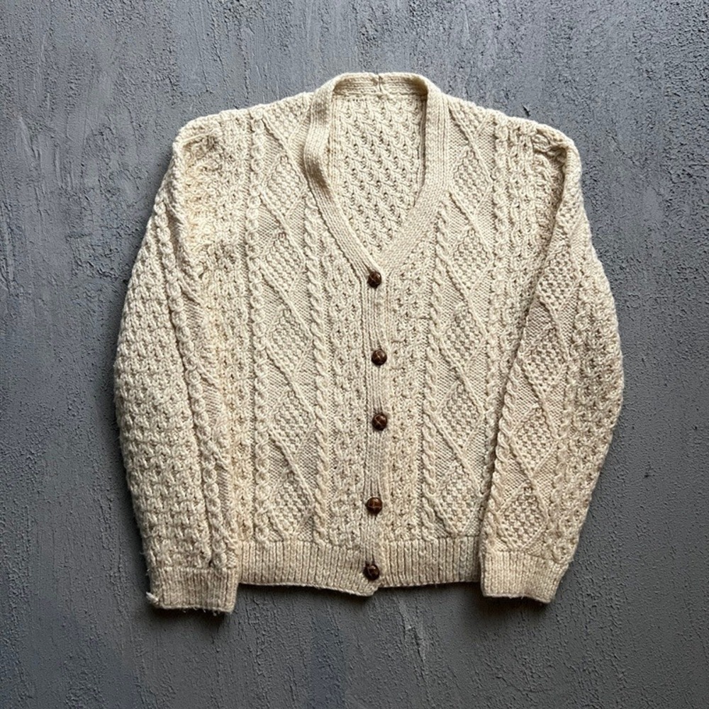 Vintage Cable Knit Cardigan Men Medium Cream 1980s Wool Button Up Sweater